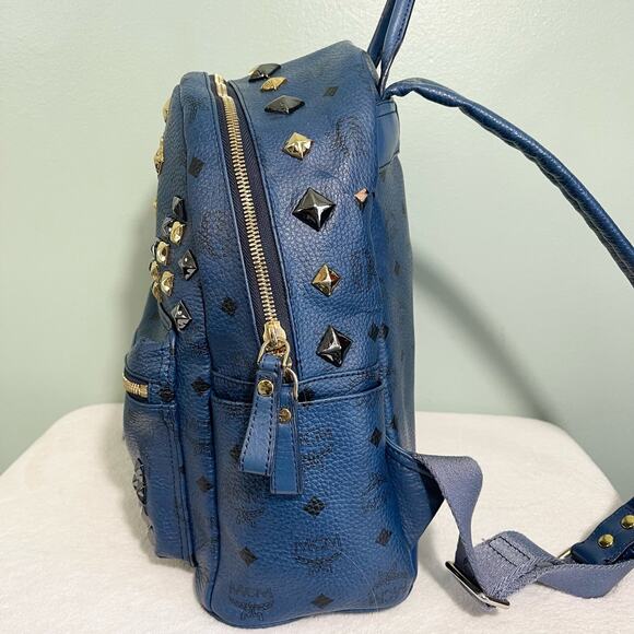 MCM Munchen Blue Leather Embellished Golden & Silver Studded Backpack main image 4